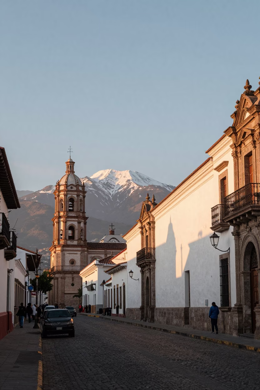 Quito Street Scene at As First Light Reaches The Scene in in Quito, Ecuador