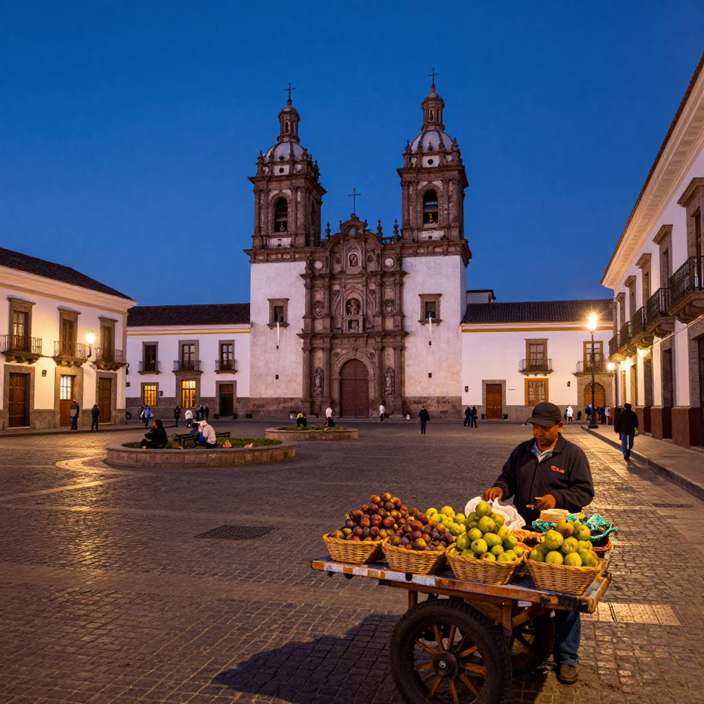 Quito Street Scene at Blue Hour in in Quito, Ecuador