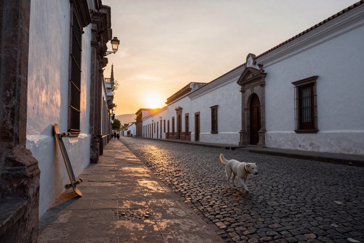 Quito Street Scene at Sunset with Skateboard and White Dog in in Quito, Ecuador