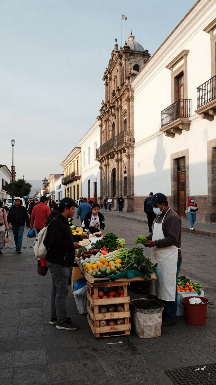Quito Street Scene at The Late Morning Light in in Quito, Ecuador