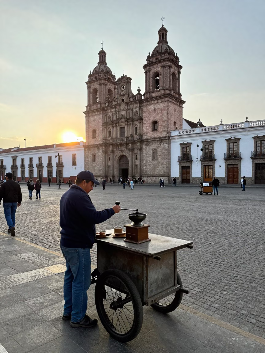 Quito Street Scene at The Late Morning Light in in Quito, Ecuador