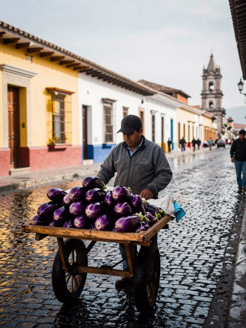 Quito Street Vendor Selling Eggplants Under Bright Late Morning Sunlight in in Quito, Ecuador