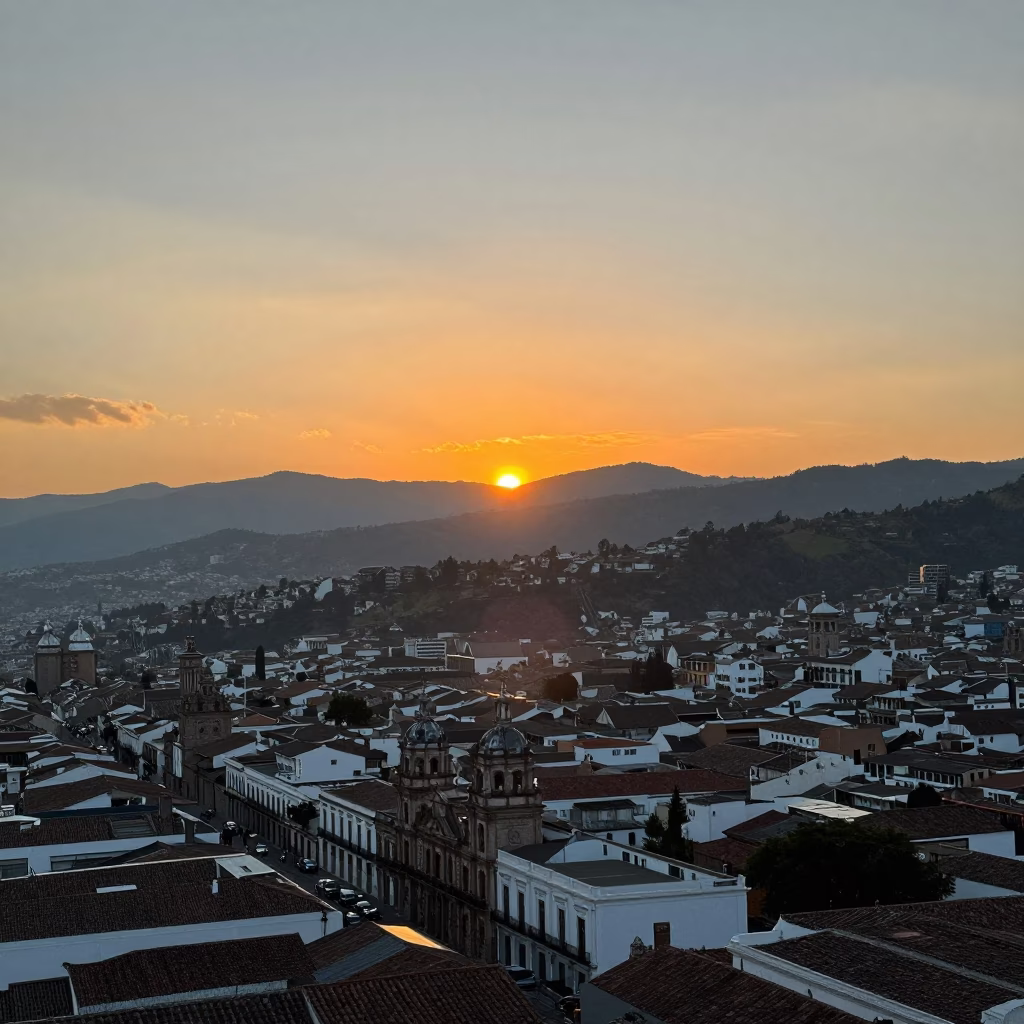 Quito Sunset Horizon View Over Colonial Architecture and Cable Car in in Quito, Ecuador