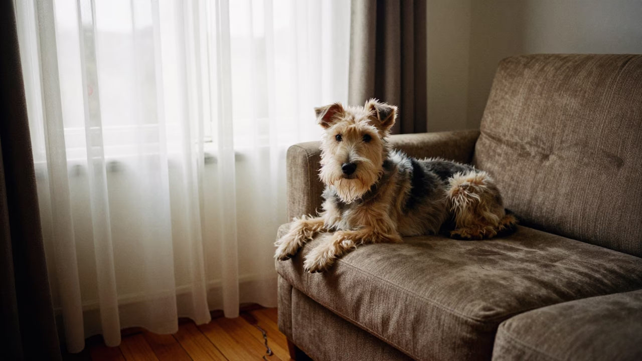 Quito Terrier Portrait Sofa Window Light in on a sofa near a curtained window with calm indoor light in Quito