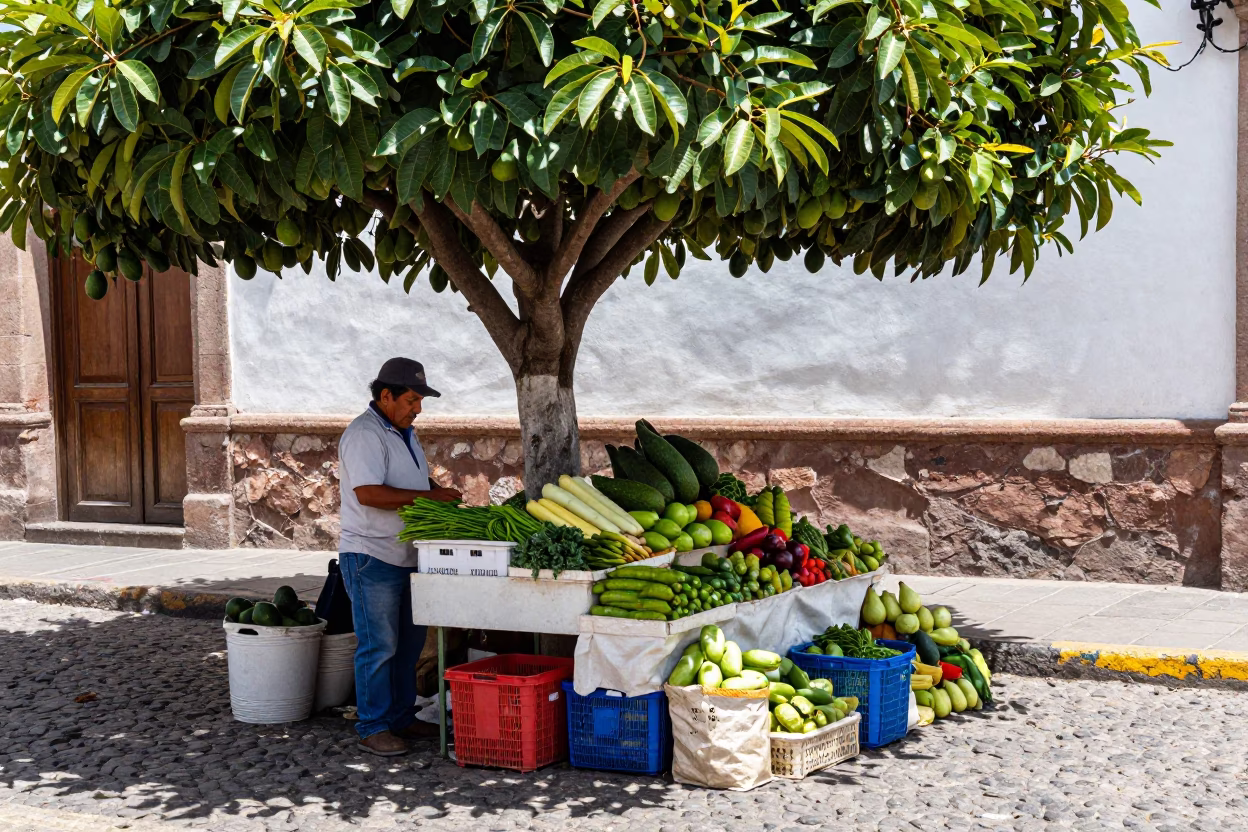 Quito Vendor Scene at The Flat Glare Of Noon Light in in Quito, Ecuador