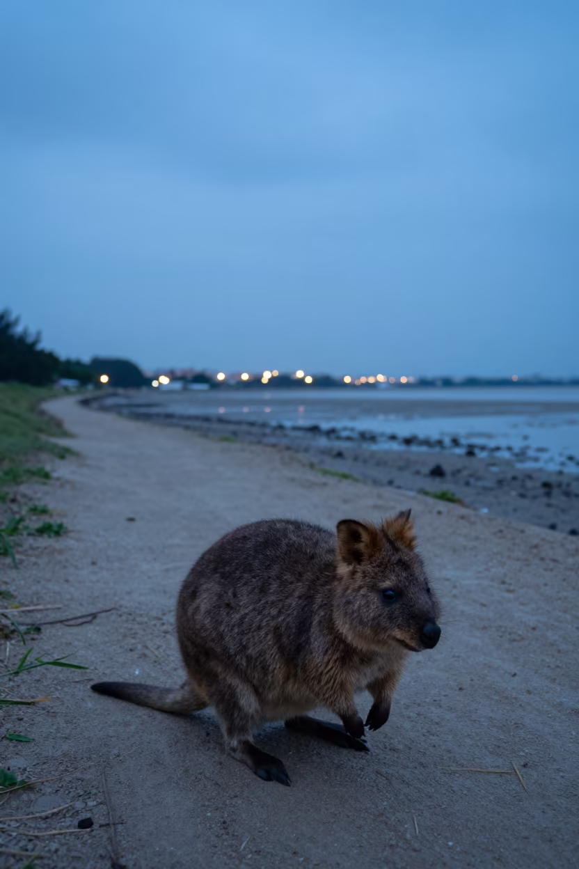Quokka Alert on Sandy Path at Blue Hour in beside a tidal inlet near Dongshan, Guangzhou