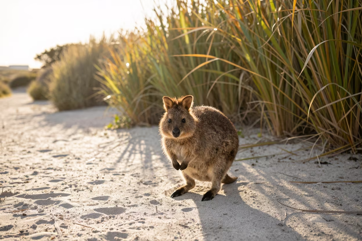 Quokka on Sandy Path Near Bo-Kaap Cape Town in at the edge of a reed bed near Bo-Kaap, Cape Town