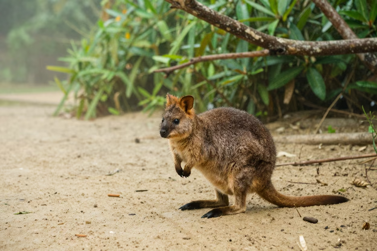 Quokka on Sandy Path Amidst Rainy Season Fog in near Semarang