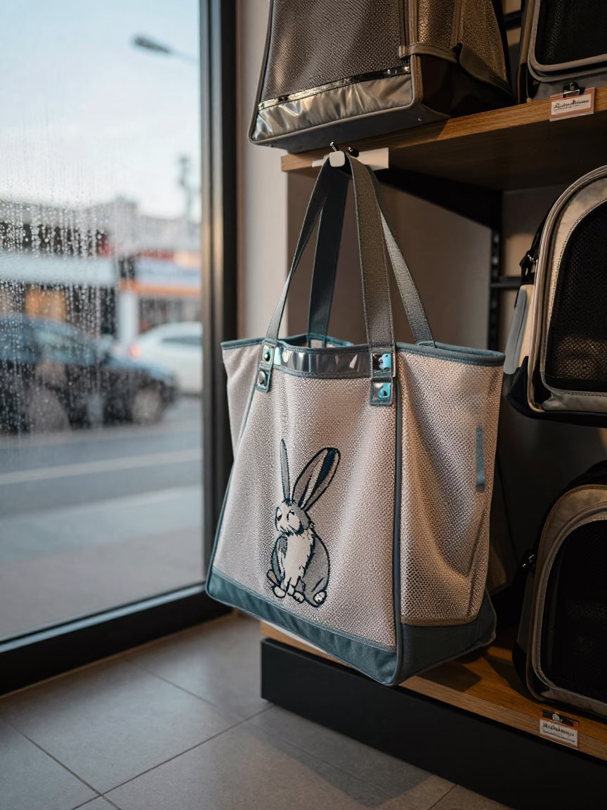Rabbit Carrier Towel Tote in Barranco Pet Store in inside a pet store aisle in Barranco, Lima