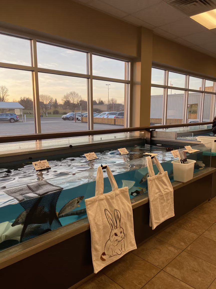 Rabbit Carrier Towel Tote in Halifax Fish Bagging Room in inside a fish bagging counter zone in Halifax