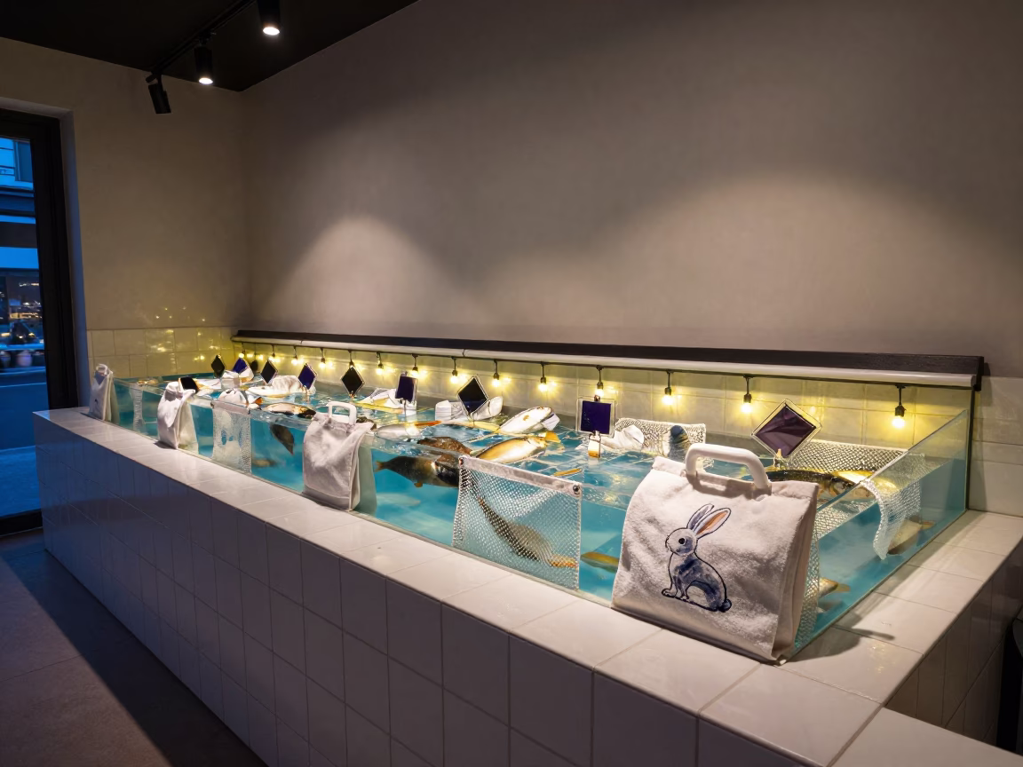 Rabbit Carrier Towel Tote in Paris Kennel Room in inside a fish bagging counter zone in Paris