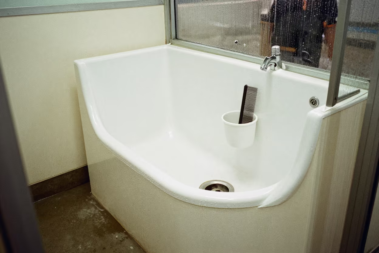 Rabbit Comb Cup on Lusaka Dog Wash Rim in at a self-serve dog wash station in Lusaka