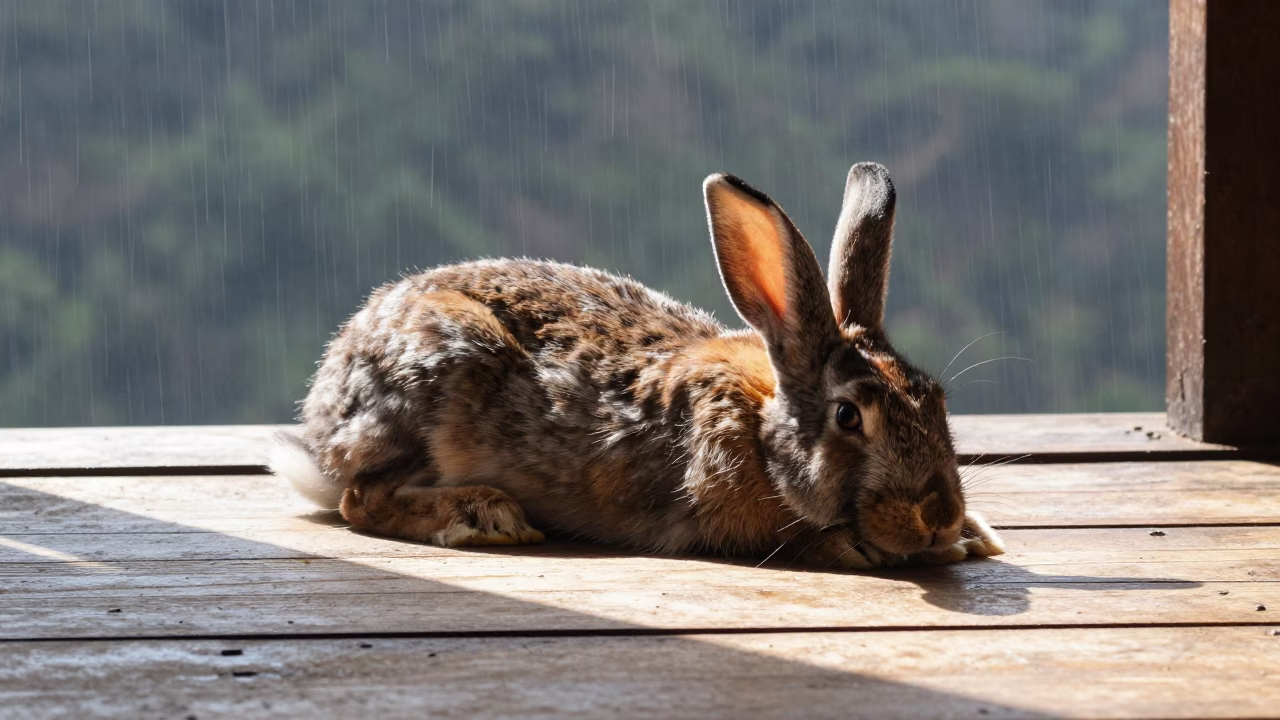 Rabbit Dozing in Sunbeam on Wooden Floor India in in India