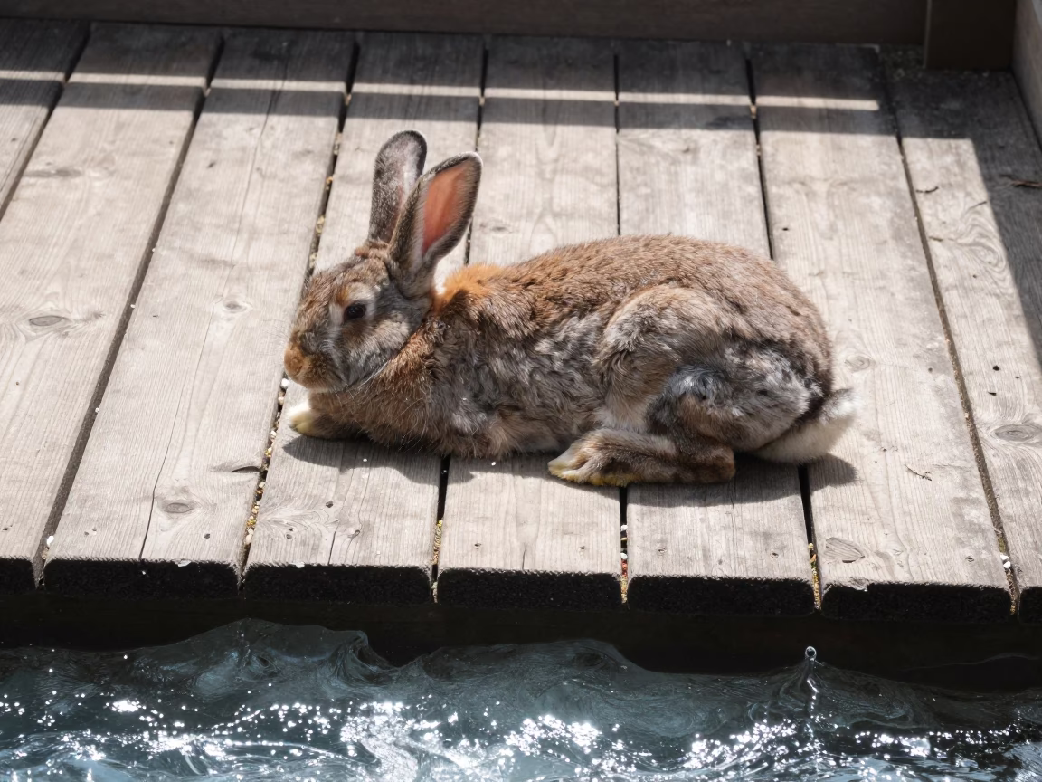 Rabbit Dozing in Sunbeam on Wooden Floor in above a glacial stream in the Loire Valley