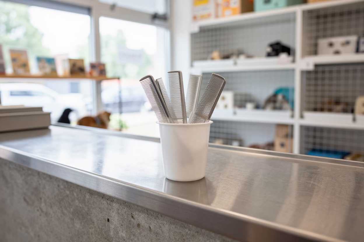 Rabbit Grooming Comb Cup on Shop Counter in inside a fish bagging counter zone near Sheffield