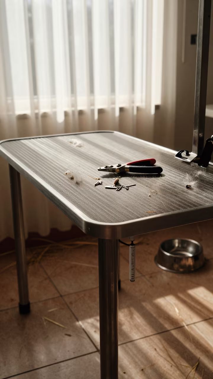 Rabbit Grooming Table After Morning Feeding in inside a grooming bay in La Victoria