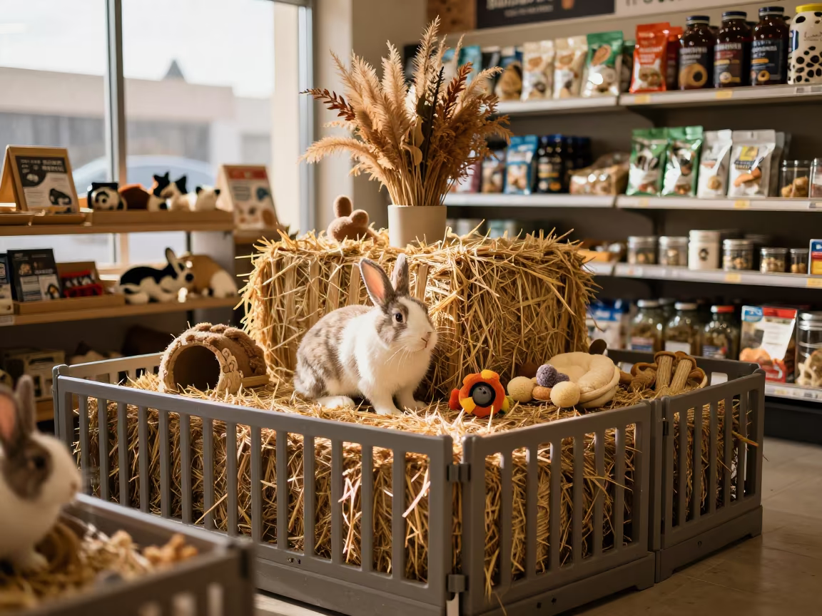 Rabbit Hay Racks and Chew Toys at Pet Expo in inside a pet store aisle near Suez