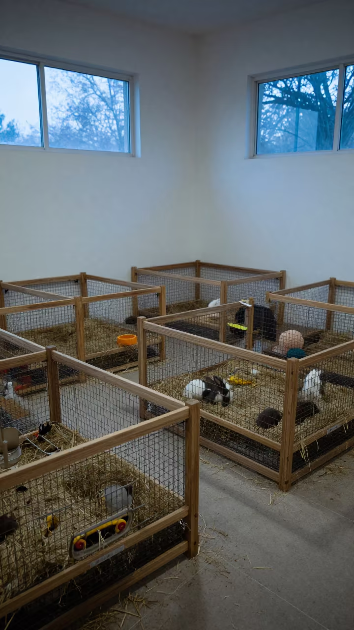 Rabbit Hay Racks and Toys at Dawn in Aizawl Grooming Bay in inside a grooming bay near Aizawl
