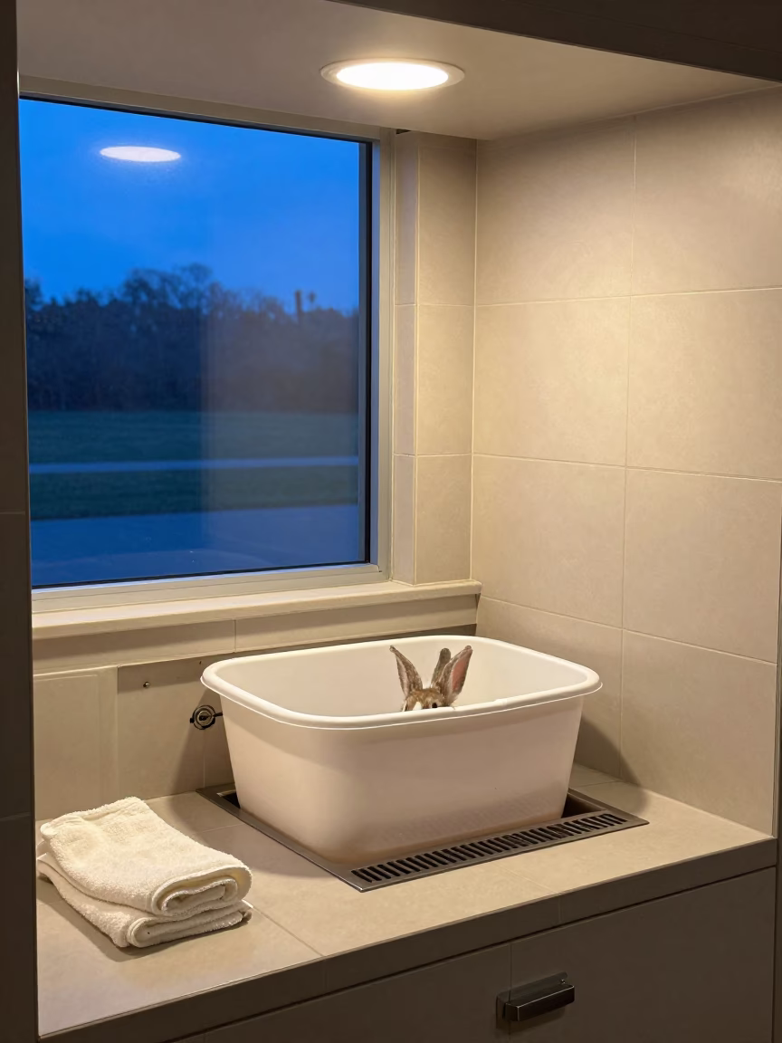 Rabbit Litter Scoop Bin at Dog Wash Station in at a self-serve dog wash station near Ibarra