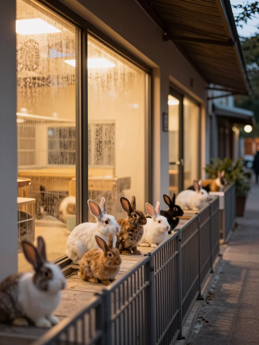 Rabbit Pen Display in Nador Kennel Twilight in in a boarding kennel corridor in Nador