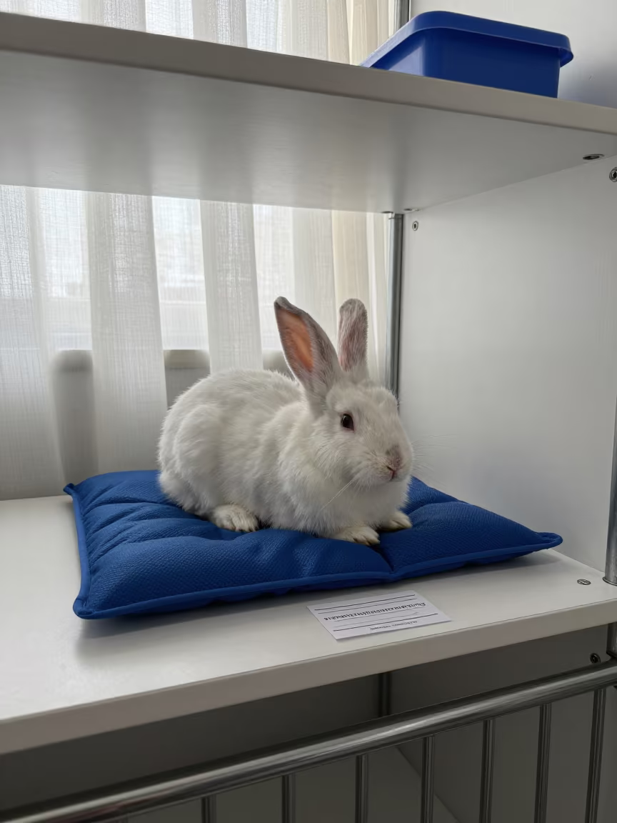Rabbit Recovery Heat Pad Shelf in Kennel in inside a fish bagging counter zone in Dire Dawa