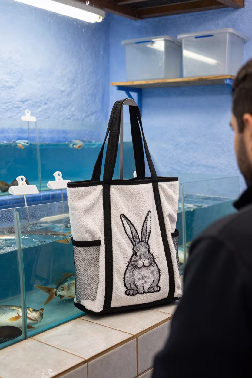 Rabbit Towel Tote on Fish Counter in Chefchaouen in inside a fish bagging counter zone near Chefchaouen