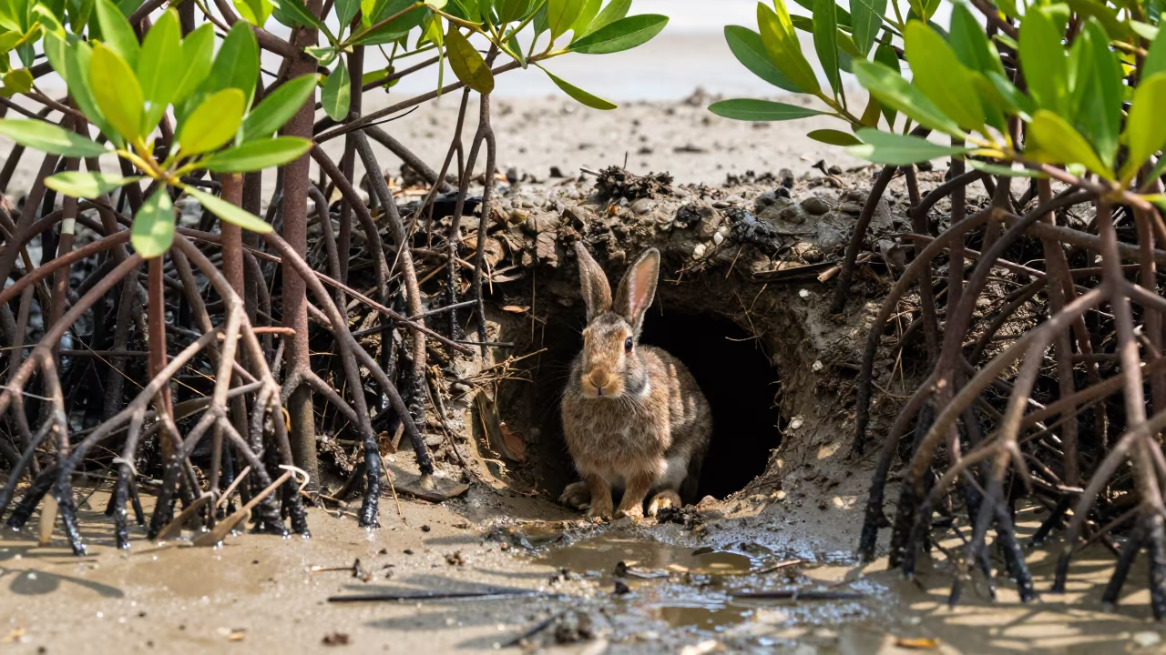 Rabbit at Warren Entrance Tidal Inlet India in beside a tidal inlet in India