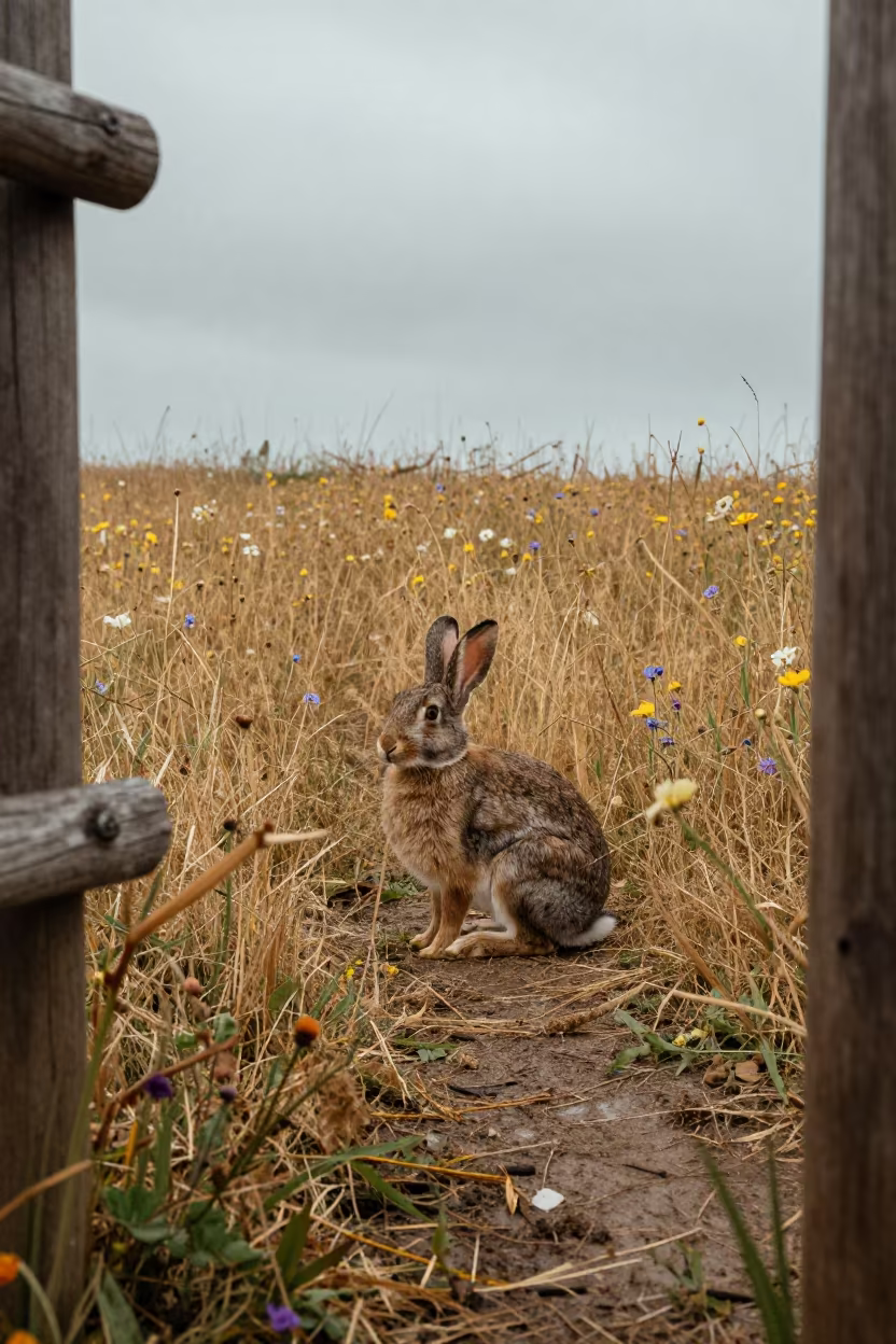 Rabbit in Wildflower Field After Rain in along a game trail near Anyang