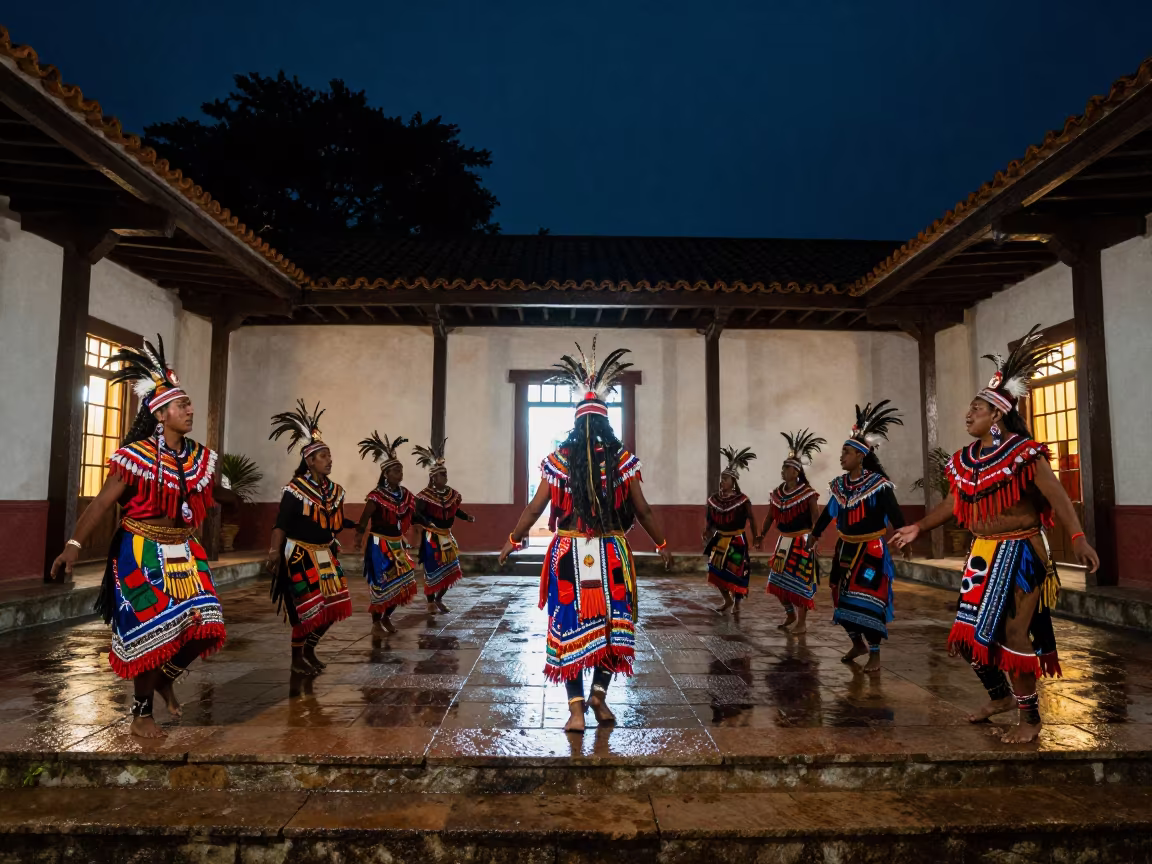 Rabinal Achi Dancers in Luanda Night Hall in in a ceremonial hall near Luanda