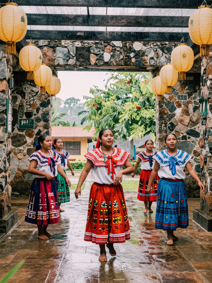 Rabinal Achi Dancers in Rain-Lit Antalya Shrine in in a shrine lined with lanterns in Antalya