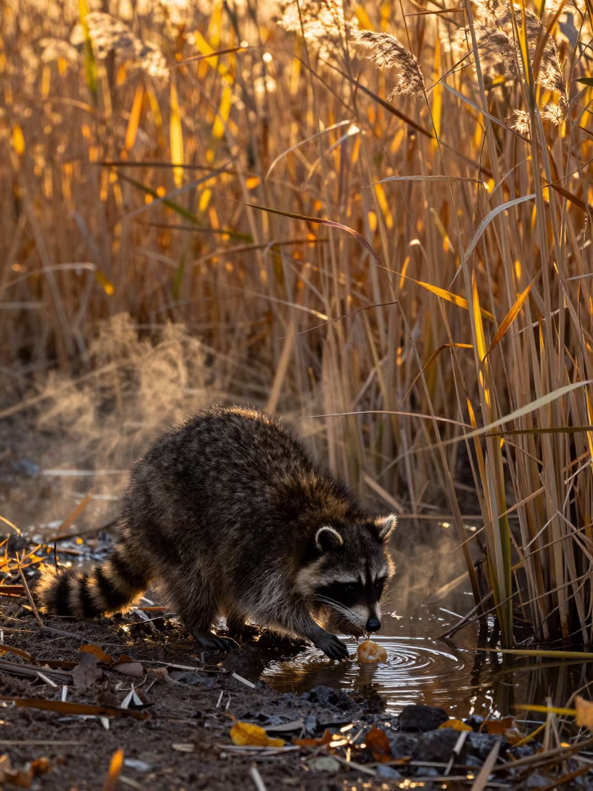 Raccoon Silhouette Washes Food in Autumn Reed Bed in at the edge of a reed bed in Colorado