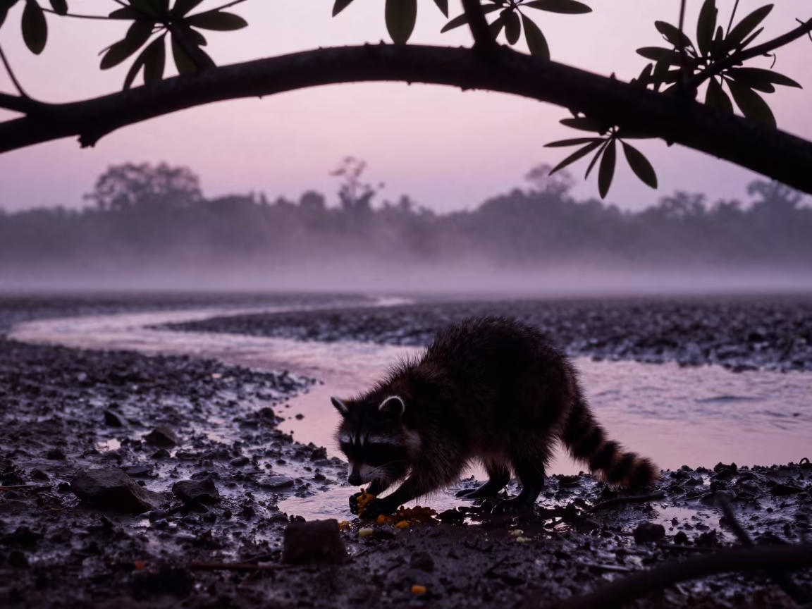 Raccoon Silhouette Washing Food at Twilight in beside a tidal inlet near Yaounde