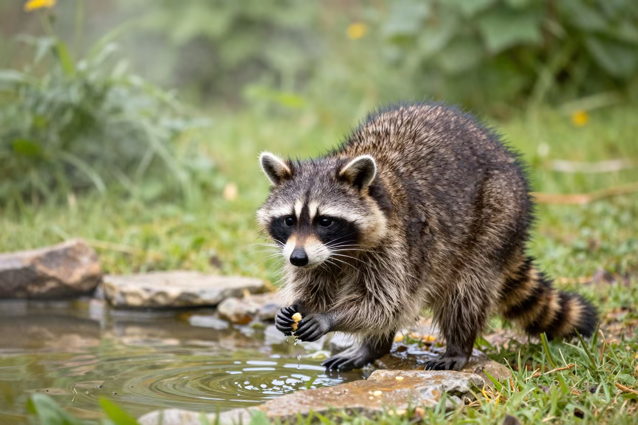 Raccoon Washing Food After Rain in Cotswolds in in the Cotswolds