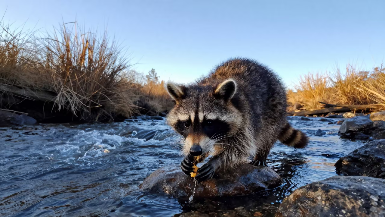 Raccoon Washing Food by Glacial Stream at Sunrise in above a glacial stream near Mixco