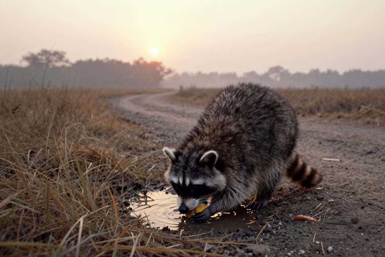 Raccoon Washing Food at Sunset in along a game trail near New Market, Kolkata
