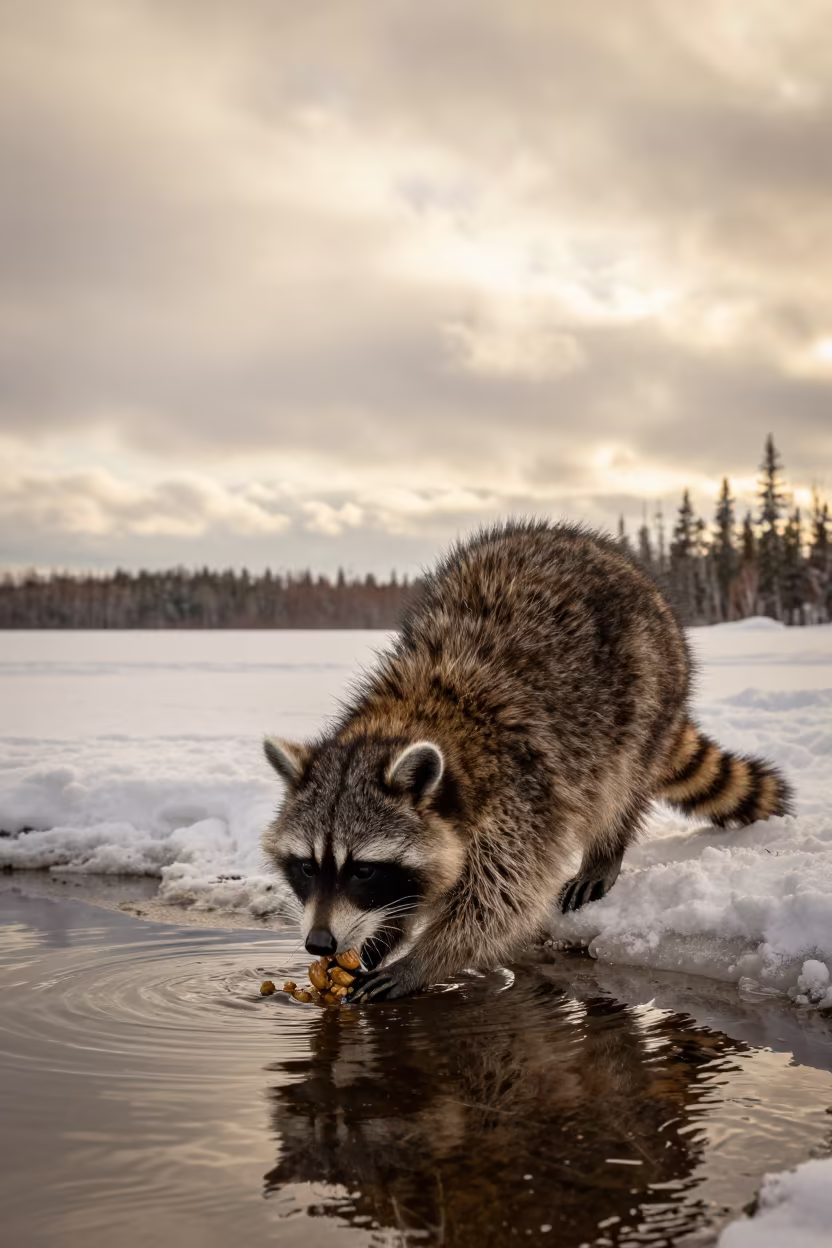 Raccoon Washing Food Winter Golden Hour in in Northwest Territories