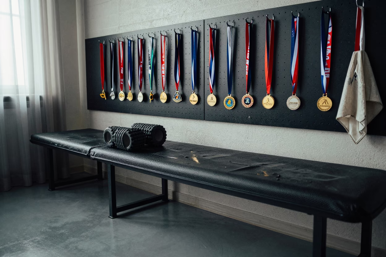 Race Medals on Pegboard in Recovery Lounge in inside a recovery lounge beside foam rollers in Latina