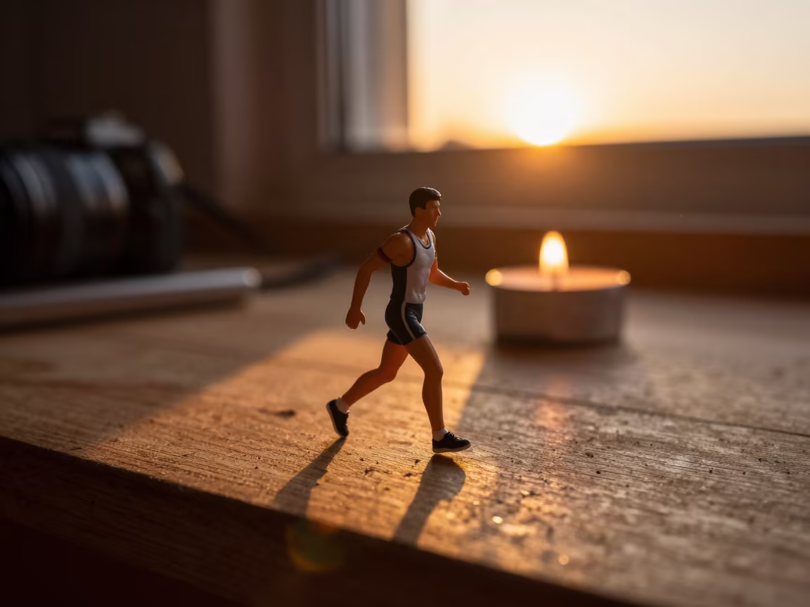 Race Walker Figure on Wooden Workbench at Sunset in on a wooden workbench in Getafe