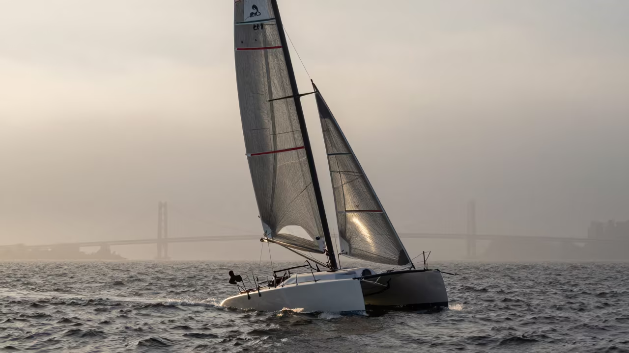 Racing Catamaran Heeling in Foggy New York Harbor in beside a fogbound harbor mouth in New York