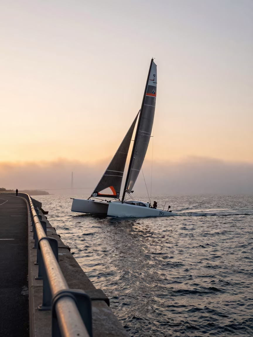 Racing Catamaran Heeling in Spanish Wind at Sunset in on a wind-open causeway in Spain