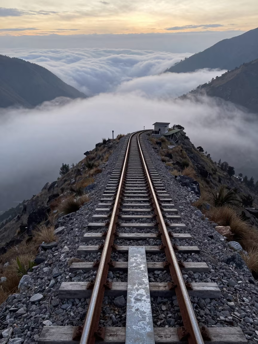 Rack Railway Above Cloud Valley at Dawn Peru in beside a fogbound harbor mouth in Peru