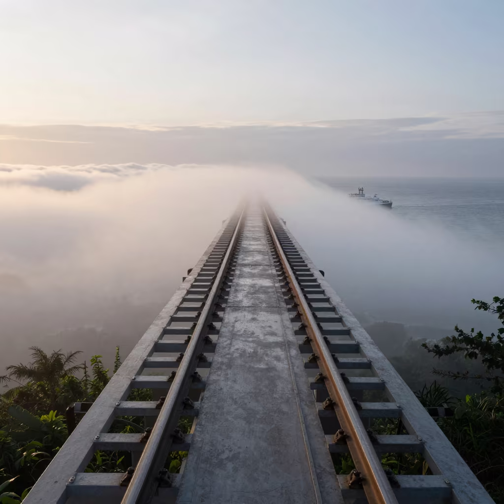 Rack Railway Ferry Haze Morning Jamaica in across a remote ferry crossing in Jamaica