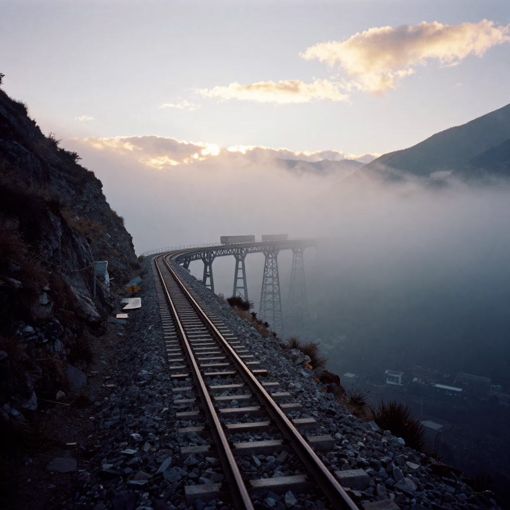 Rack Railway Train Crossing Misty Tibetan Valley at Dawn in across a remote ferry crossing in Tibet