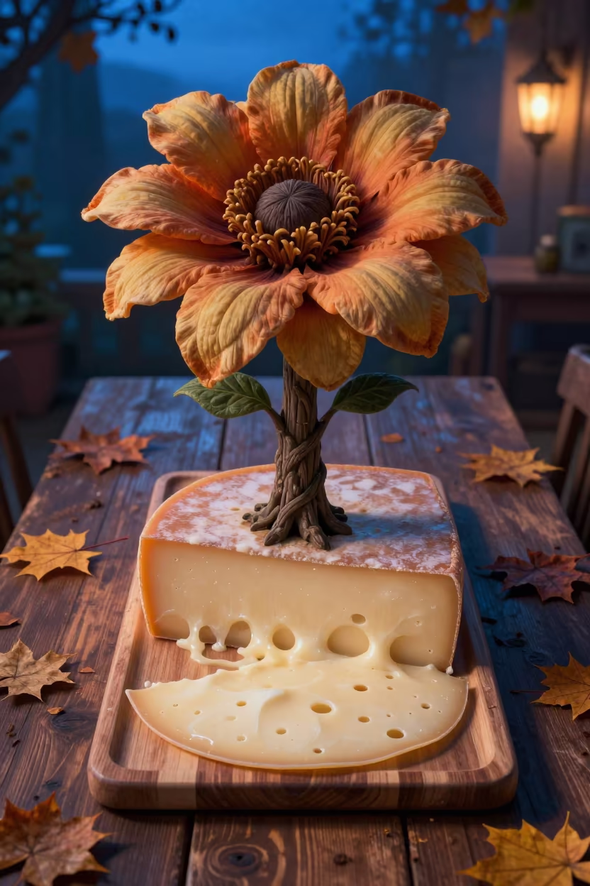 Raclette Cheese and Giant Tree Flower in on a rustic wooden table in Wuhan