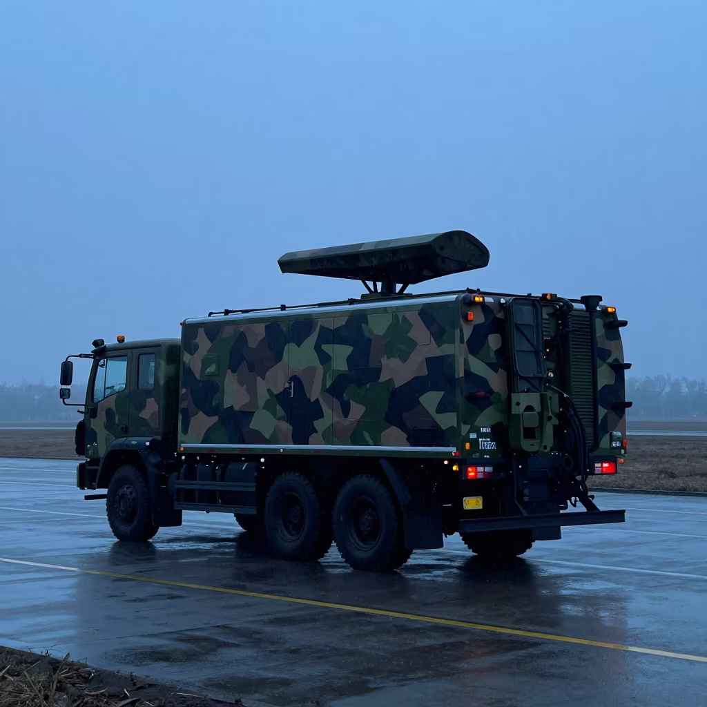 Radar Truck Silhouette in Sleet at Haikou Airbase in along an airbase flight line near Haikou