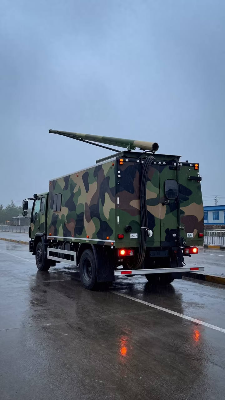 Radar Truck in Sleet at Xining Checkpoint in at a checkpoint lane in Xining