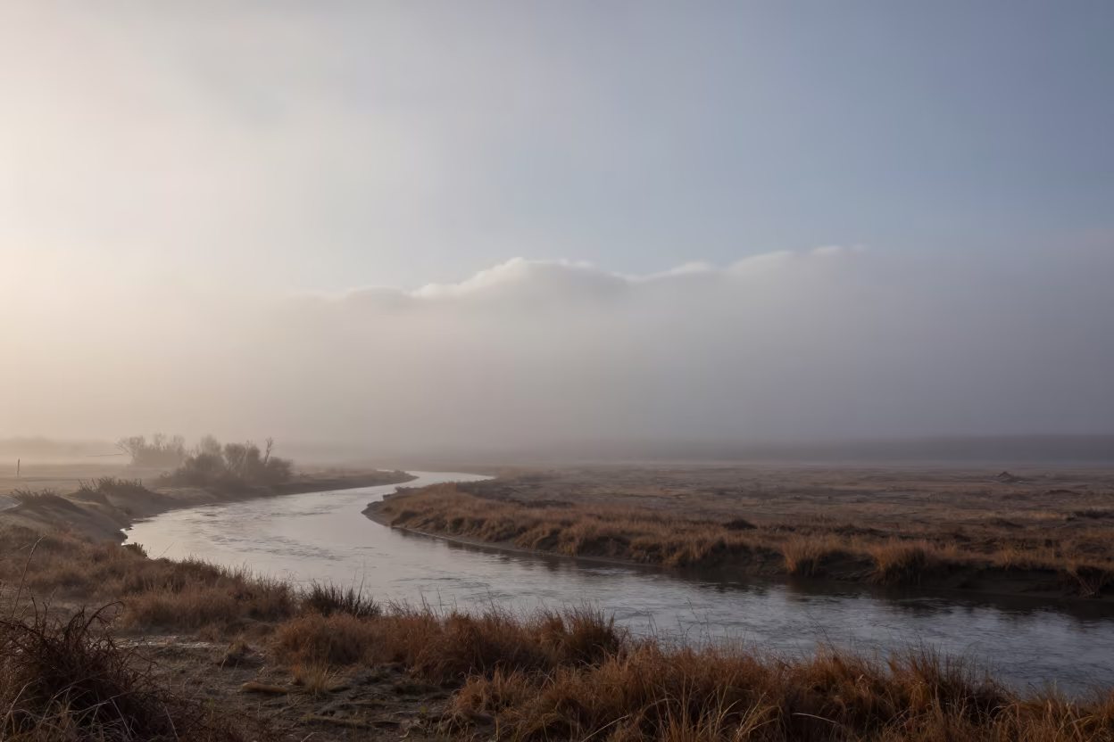 Radiation Fog Fills Alberta River Valley at Dawn in across a storm-bright plain in Alberta