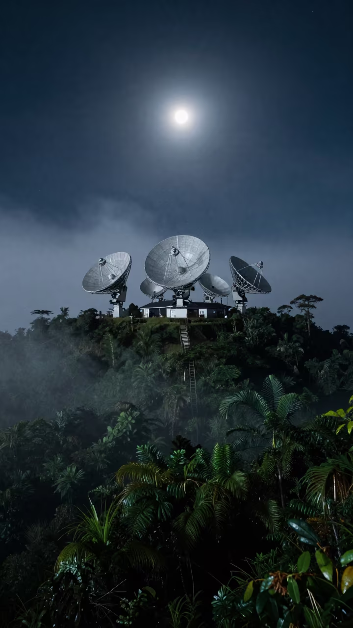 Radio Antenna Array Under Moonlit Amazon Night in from a quiet alpine saddle in the Amazon