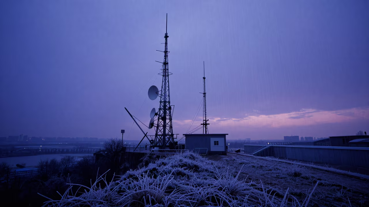Radio Antennas Under Blue Hour Sky in from a frost-hushed ridgeline near Nanchang