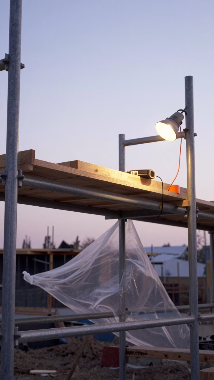 Radio Charging Shelf on Scaffold at Dawn in along a scaffolded facade in Azerbaijan